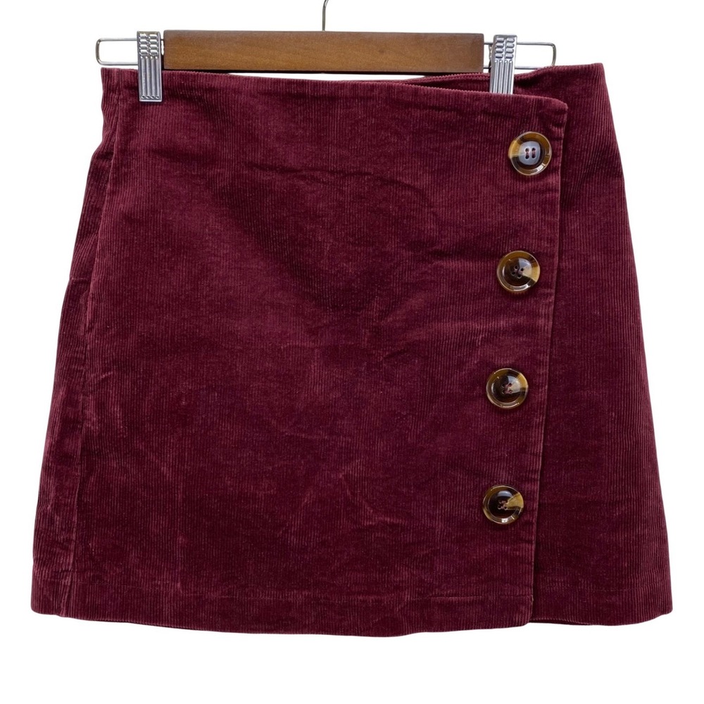 Altar'd State Corduroy A Line Button Front Skirt Burgundy Size Medium Stretch